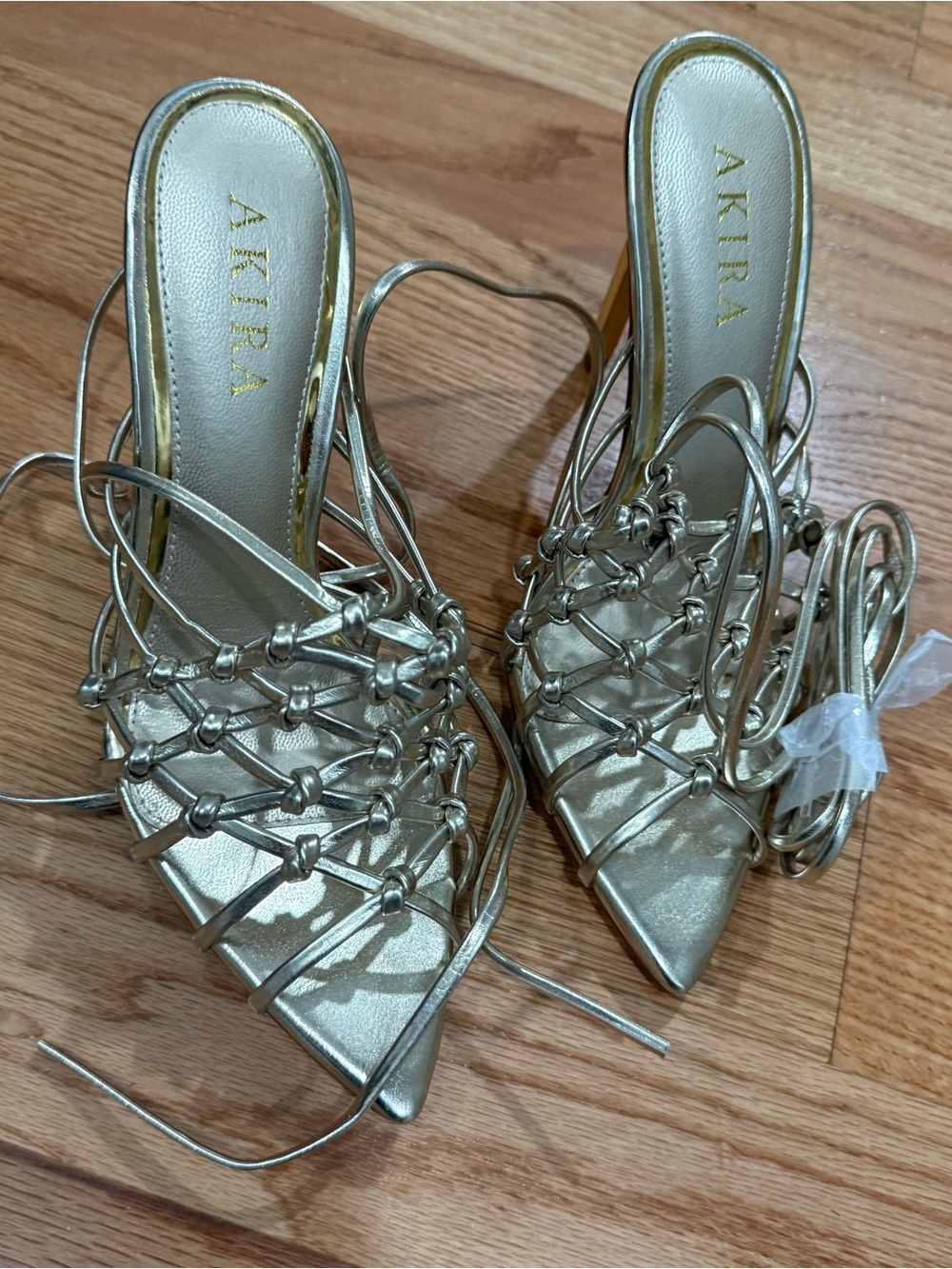 AKIRA Metallic Gold Knotted Lace-Up Pointed Heels